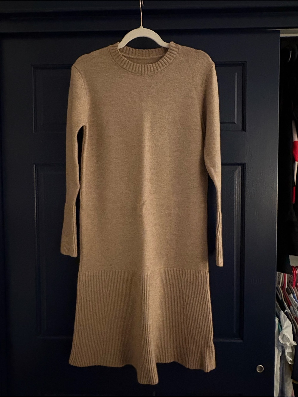Camel Long-Sleeve Knit Sweater Dress